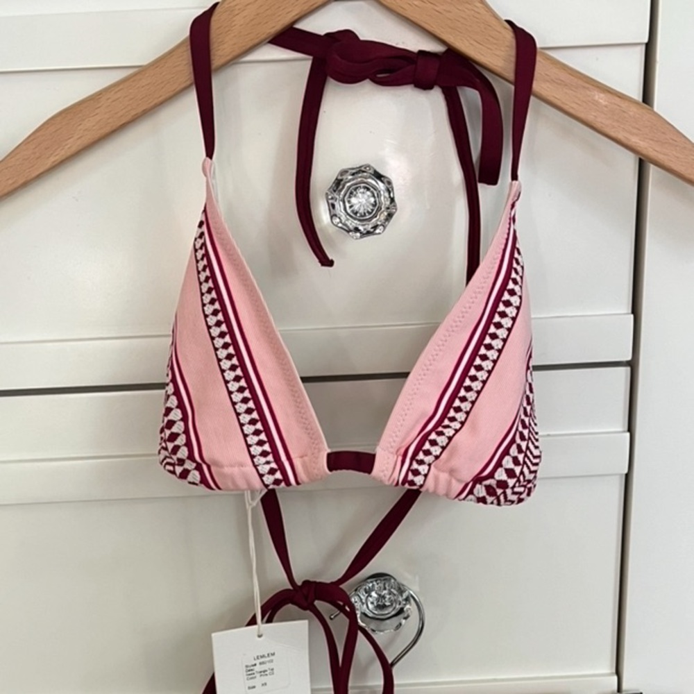 Lemlem - Neela Triangle Bikini Top, Pink / Burgundy Stripe - Size XS